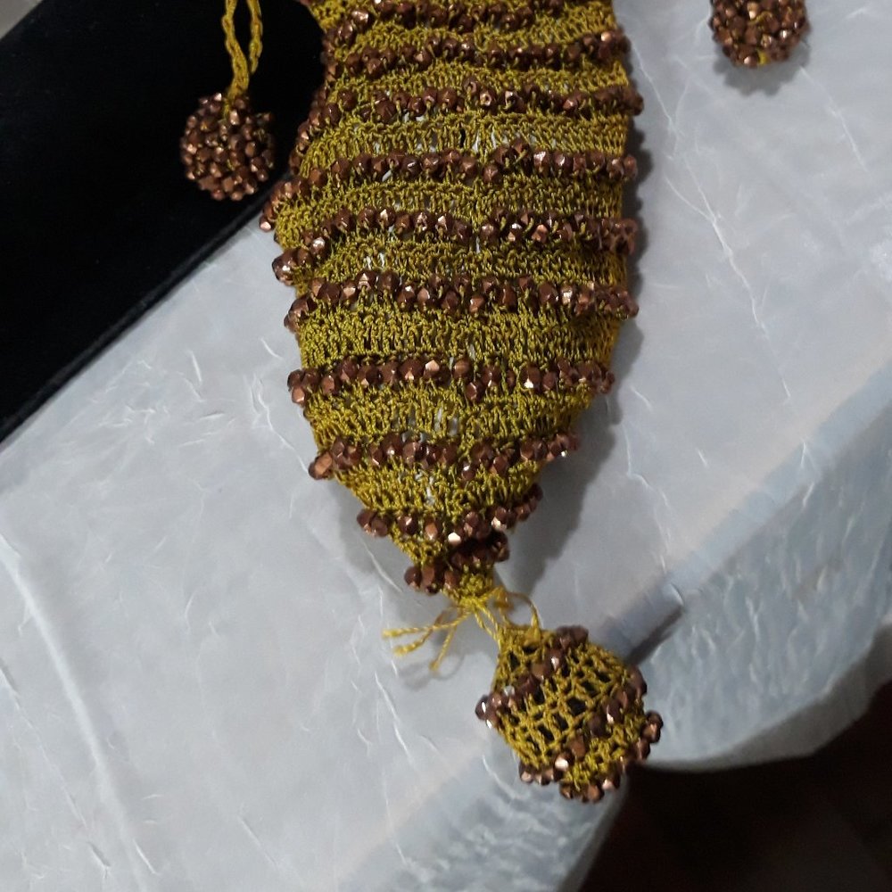 Antique Crocheted Drawstring Bag Beaded Glass - image 2
